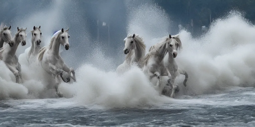 Prompt: extreme, wild water waves foam forms attacking horses, army of horsemen