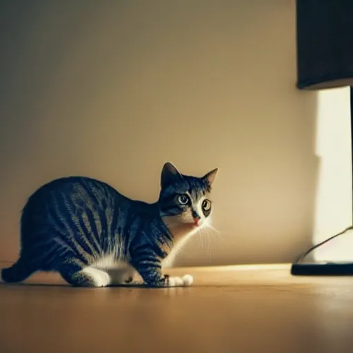 Prompt: cute cat with tiny undersized legs, big head, cinematic lighting, beautiful composition