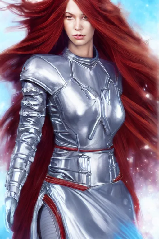 Prompt: Full body Picture of a female Holomancer, tech inspired, futuristic bracelet, light brown skin, crimson hair, long straight hair, Light silver attire, robes, battle, detailed face features, light blue eyes, hologram creatures, D&D, by artgerm and Craig Mullins, James Jean, Andrey Ryabovichev, Mark Simonetti and Peter Morbacher, matte painting, trending on artstation, artstationHD, artstationHQ, octane, full HD, 16K, alluring