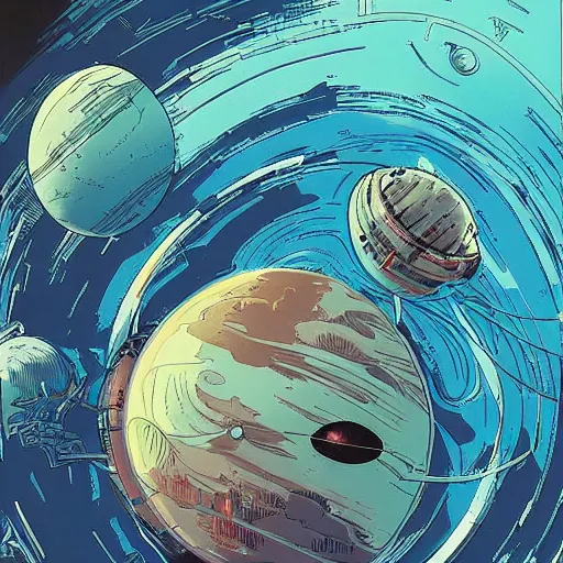 Image similar to an alien planet viewed from the window of a space station. satellite view, highly detailed, smooth, sharp focus, high contrast, bold warm and cool colours, epic depth, graphic novel, art by laurie greasley and pepe larraz,