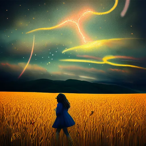 Prompt: giant pink daisy flower head, girl walking in wheat field, hills, surreal photography, dark night, star trails, dramatic light, impressionist painting, clouds, digital painting, artstation, simon stalenhag