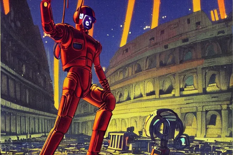 Image similar to 1979 OMNI Magazine Cover depicting an android Goliath standing in a coliseum. Cyberpunk Akira style by Vincent Di Fate