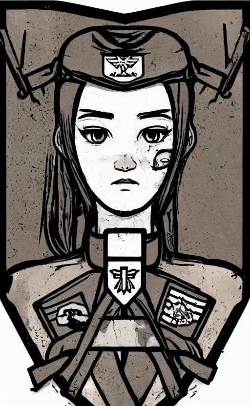 Image similar to patch design, portrait of soldier girl, 2022 anime style, clean logo, tattoo graphics, flight squadron insignia, soldier clothing, realistic military gear, inspired by shirt designer, draw with wacom tablet, round elements, vector line art, by ilya kuvshinov, trending on pixiv, symbology, realistic human anatomy, high resolution, matte, empty hands, realistic military carrier