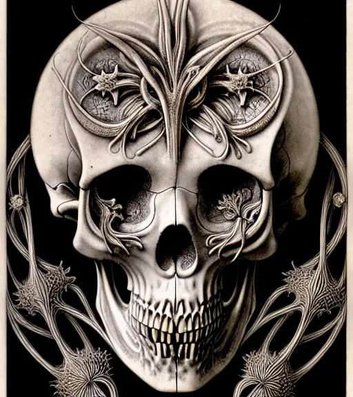 Image similar to art forms of nature by ernst haeckel, memento mori by arthur rackham, ornate antique porcelain beautiful skull mask, ultrasharp, photorealistic, hyperdetailed, octane render, polished, art nouveau, neo - gothic, gothic, intricate ornamental organic filigree, art nouveau botanicals, art forms of nature by ernst haeckel, horizontal symmetry, symbolist, visionary