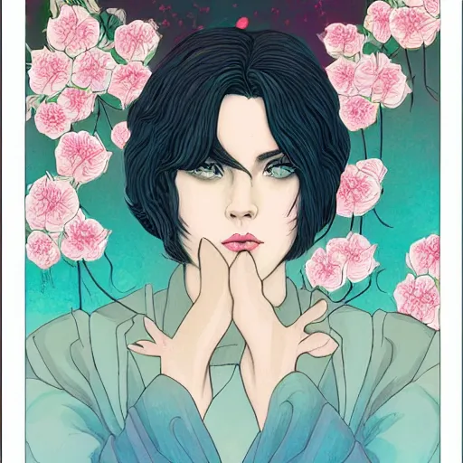 Prompt: Rosa the Oath Seeker, highly detailed illustrated poster, character design, in the style of graphic novel by Ödön Márffy, background of a groove of cherry blossoms by Kelly Mckernan, in the style of a vaporwave dream