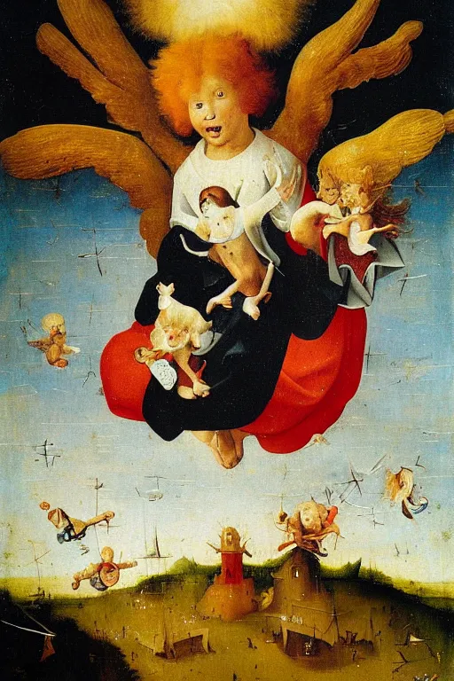 Prompt: ronald mcdonald as an angel ascending into the heavens with wings made of french fries, cute winged chicken nuggets flying all around, halo, sunbeams, clouds, oil on panel, by hieronymus bosch