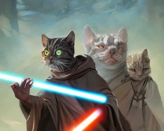 Prompt: Jedi cat order, anime, a fantasy digital painting by Greg Rutkowski and James Gurney, trending on Artstation, highly detailed