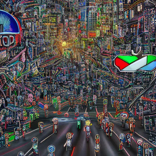 Image similar to landscape of people running away scared from crypto logos standing in the city, hyperrealism art, cointelegraph inspired design, hyperdetailed, hdr, 8 k