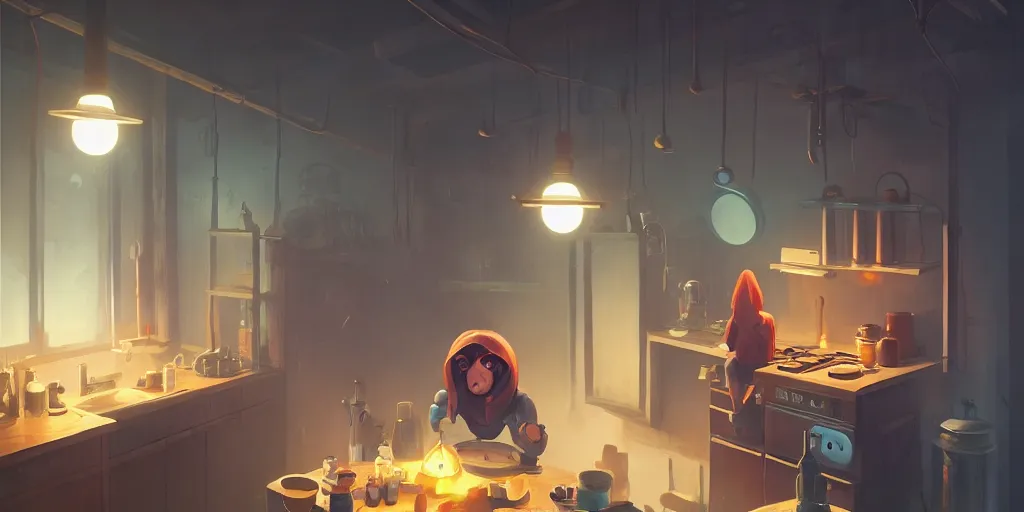 Prompt: cute solitary kitchen dim lit by a candle ripped physique simon stalenhag gerald brom bastien grivet by greg rutkowski, game background, fisheye lens, high angle view, 5 point view