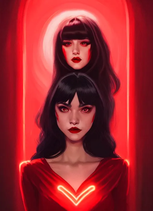 Image similar to portrait of vampire veronica lodge with bangs, vampire, long hair, red clothes, bangs, vampironica, intricate, elegant, glowing lights, highly detailed, digital painting, artstation, concept art, smooth, sharp focus, illustration, art by wlop, mars ravelo and greg rutkowski