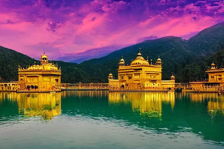 Image similar to an amazing award winning photo of a golden temple in a lake, symmetrical, cinematic, masterpiece