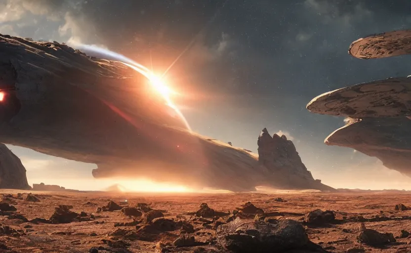 Prompt: landscape view of a war in a planet far from home, scene from a movie, sunflare, 21:9, cinematic