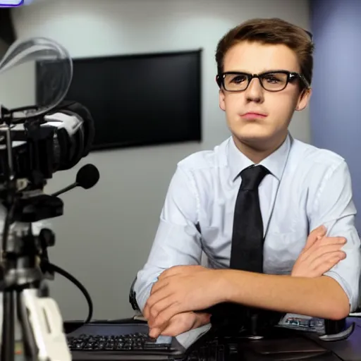 Image similar to high quality portait of a small self righteous male journalist in a low budget tv studio, awkward angle, wide angle,