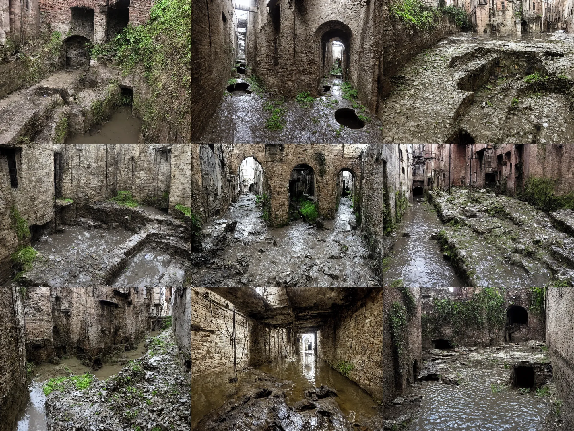Prompt: inside the ancient flooded sewers in the old part of the city. dripping water, standing water, channel, stagnant water, waterfall, rivulets, musty, moss, sewage, dark, underground, abandoned spaces, torch - lit.