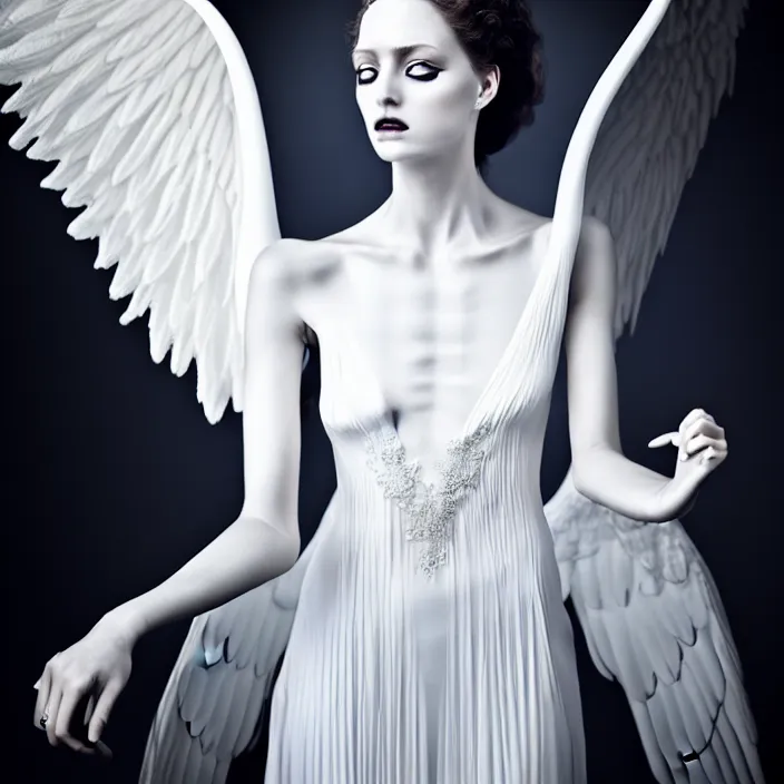 Prompt: portrait of a beautiful woman like a fallen angel, total body dressed in long elegant intricate ornamental white dress, smooth, sharp focus, fine art photography by Giovanni Gastel, professional studio lighting, volumetric lighting, dark colors , hyper realistic photography , in style of Vogue Fashion magazine