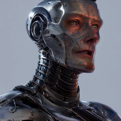 Image similar to T-1000 in heavy armor, au naturel, hyper detailed, digital art, trending in artstation, cinematic lighting, studio quality, smooth render, unreal engine 5 rendered, octane rendered, art style by klimt and nixeu and ian sprigger and wlop and krenz cushart