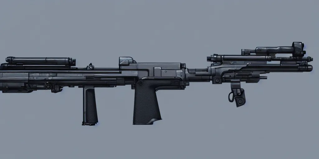 Image similar to photography of a futuristic rifle designed by dieter rams and neill blomkamp and aaron de leon concept art, 3 d, maya, blender, octane render, realistic, sharp focus