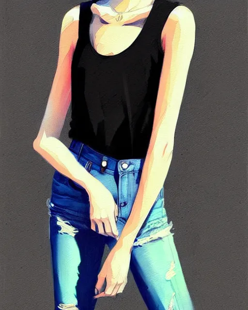 Image similar to a ultradetailed beautiful painting of a stylish woman with short hair, she is wearing a black tank top and jeans, by conrad roset, greg rutkowski and makoto shinkai trending on artstation