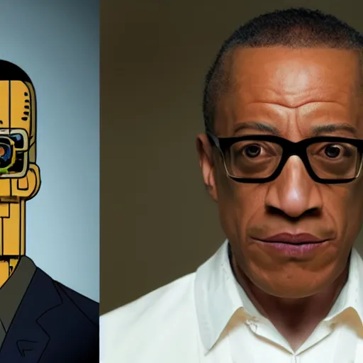 Image similar to gus fring with half his face mechanized and replaced with robotic parts