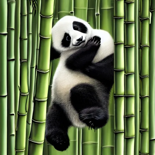 Image similar to A baby panda sleeping in a bamboo forest ,it is raining, night time , peaceful atmosphere, moody lighting , digital art , highly detailed , high contrast, beautiful lighting, award winning , trending on art station, photorealistic, 8k