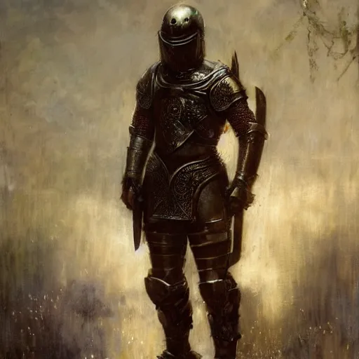 Prompt: young short redhead, wearing black ornamented medieval armour, bare leg, detailed, by gaston bussiere, bayard wu, greg rutkowski, giger, maxim verehin, greg rutkowski, masterpiece, sharp focus, cinematic lightning