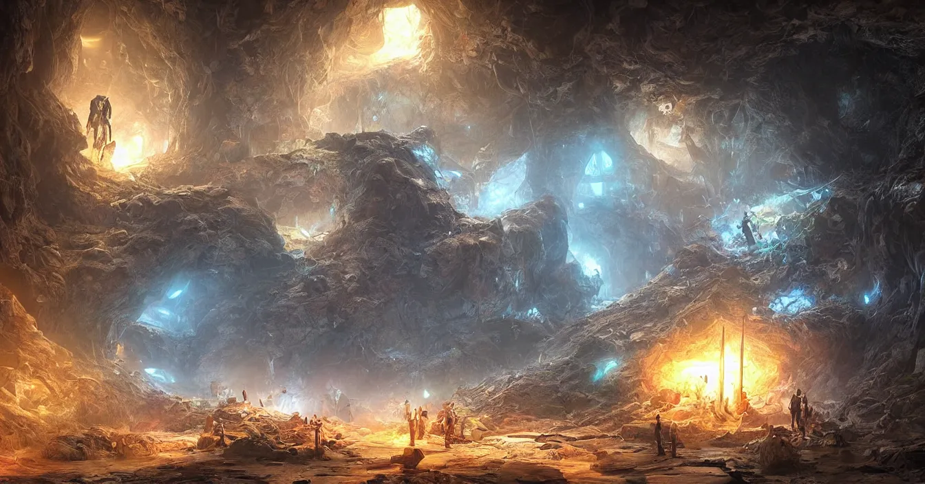 Prompt: futuristic archaeologists are excavating buried alien nest hidden in deep dark wet cave, deep sense of horror atmosphere, visual fidelity and plasticity, colorful digital art, vivid colors, in style of fenghua zhong