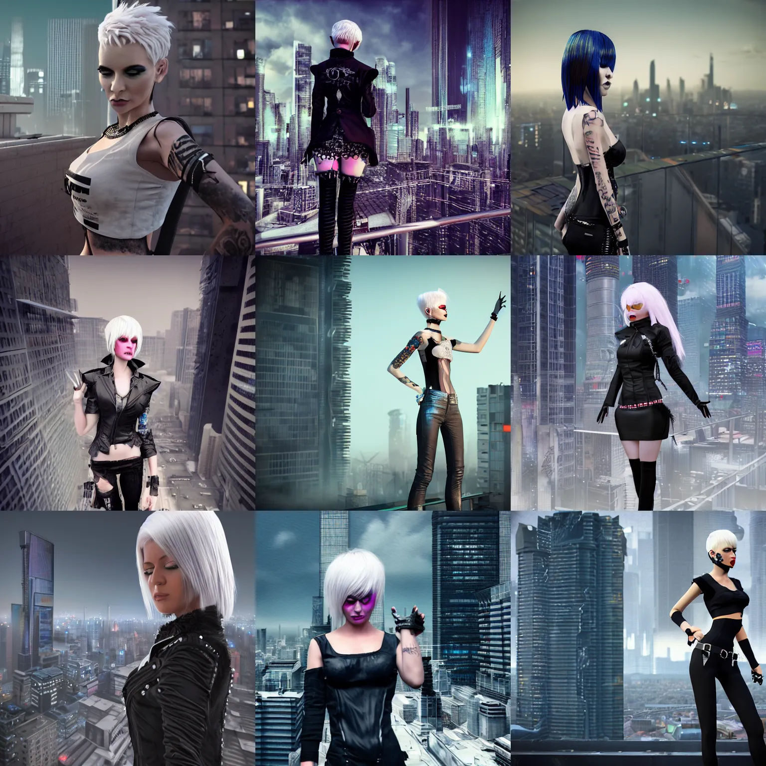 Prompt: 3D render of a woman in a punk outfit, with short bobbed white hair, grey eyes, makeup, standing on a skyscraper rooftop, overlooking a cyberpunk city. The woman is sad. Octane. Trending on art station. Concept art. Digital painting. Sci-Fi setting.