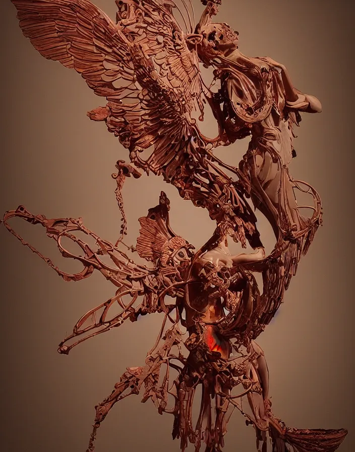 Prompt: biomechanical wear of a falling man in the form of a Greek sculpture Winged Victory of Samothrace with wings and skulls. beautiful woman. vintage bulb. red plastic. baroque elements, human skull, jellyfish, butterfly, phoenix head. burning water. intricate artwork by Tooth Wu and wlop and beeple and dan mumford and greg rutkowski and nekroxiii. halo. octane render, cinematic, hyper realism, octane render, 8k, depth of field, bokeh. iridescent accents. vibrant. teal and gold and red colour scheme