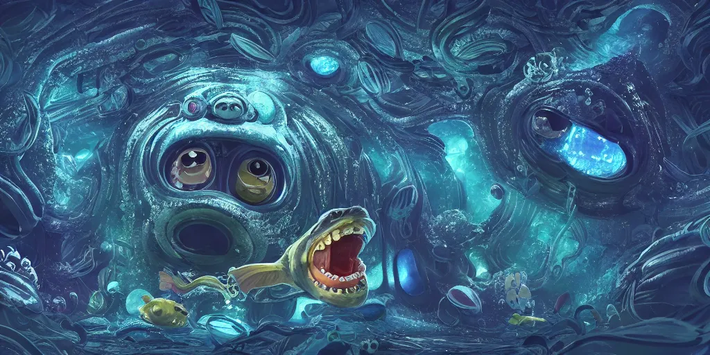 Image similar to of an intricate deep sea with strange cute friendly happy creatures with huge eyes, long tongue, round teeth and goofy funny face, appearing from the background, in the style of gehry and gaudi, macro lens, shallow depth of field, ultra detailed, digital painting, trending artstation, concept art, illustration, cinematic lighting, photorealism, epic, octane render