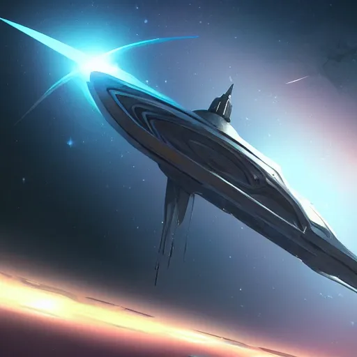 Image similar to concept art of a large space vessel in the shape of an spear flying through the space, scifi, beautiful ilumination, artstation hq