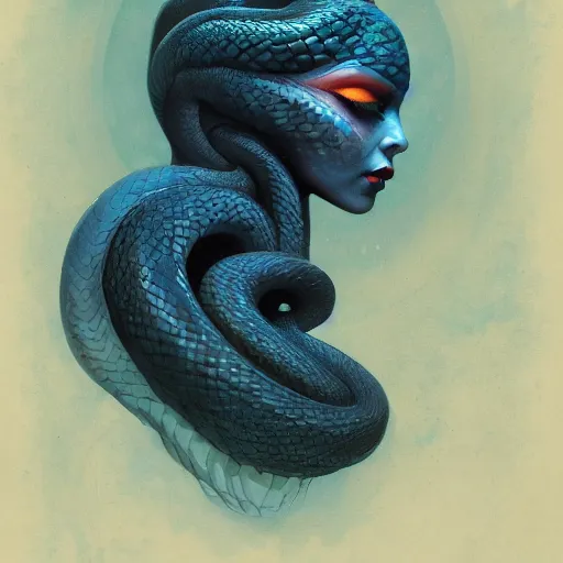 Prompt: queen of snakes, visible full crown of snakes, blue skin, by Anato Finnstark, Tom Bagshaw, Brom