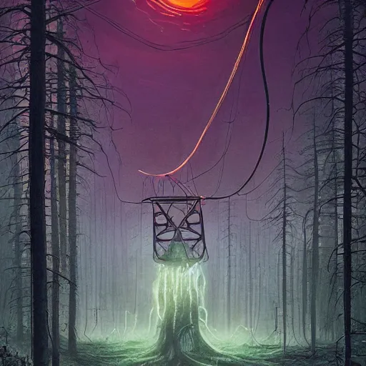 Image similar to giant eldritch horror, simon stalenhag, war of the worlds, forest