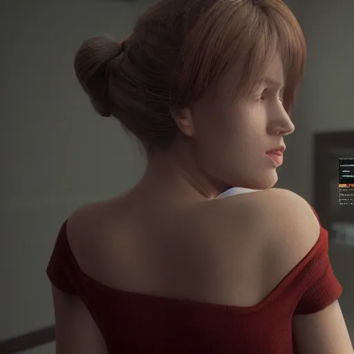 Image similar to portrait of 2 2 - year - old woman with angle 9 0 ° very beautifull looking away 8 k, cinematic scene, unreal engine, trending