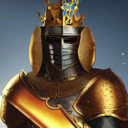 Image similar to a highly detailed knight in a T golden helmet and a golden crown with a blue diamond in the center, golden armor, leather clothes under the armor, leather gloves, holds a black sword, artstation, DeviantArt, professional, octane render, sunset lighting