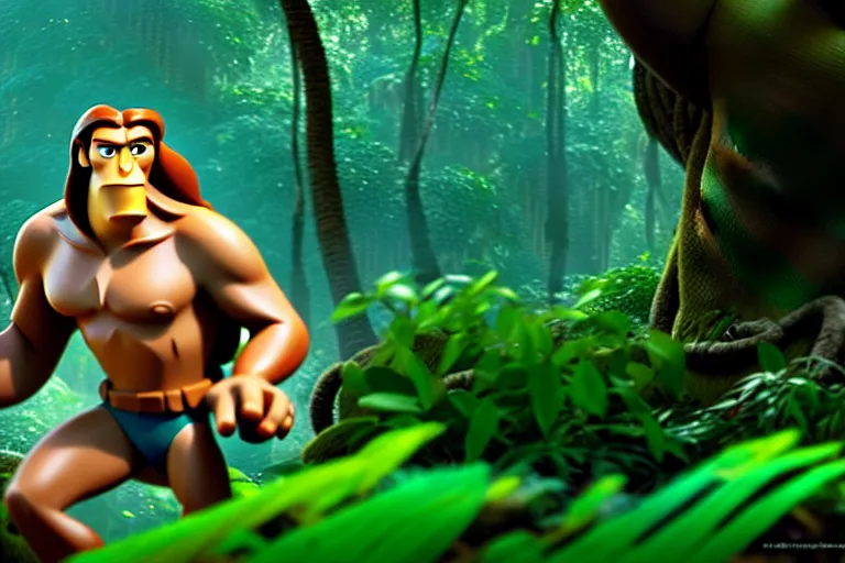 Prompt: cartoon tarzan in the jungle, screenshot in a typical pixar movie, disney infinity 3 star wars style, volumetric lighting, subsurface scattering, photorealistic, octane render, josh black