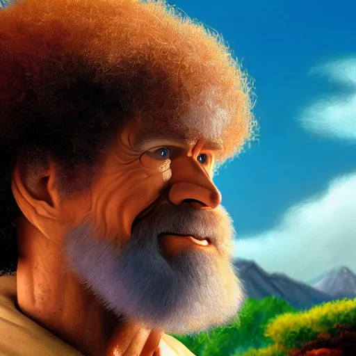 Prompt: a closeup photorealistic photograph of bob ross working on a canvas painting of iron man bob ross. lit studio, mountain scape. film still, vibrant colors. this 4 k hd image is trending on artstation, featured on behance, well - rendered, extra crisp, features intricate detail, epic composition and the style of unreal engine.