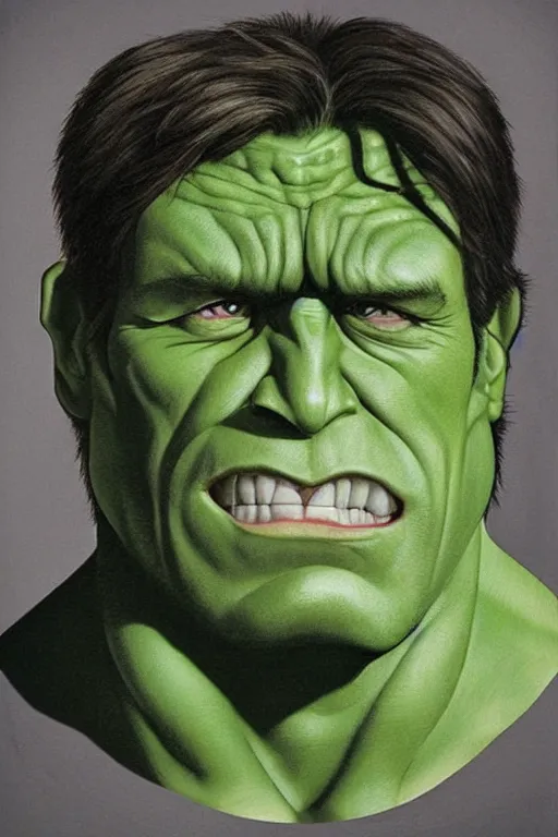 Prompt: ultra realistic incredible hulk face portrait in the style of grant wood