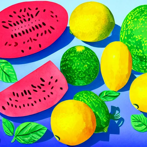 Prompt: retro, hd illustration of watermelons, crocs, big yellow lemons, mint leaves, ice cubes, inspired by watercolor masterpieces, matisse, malevich, david hockney, keith haring, colorful, happy, trending on artstation, 4 k