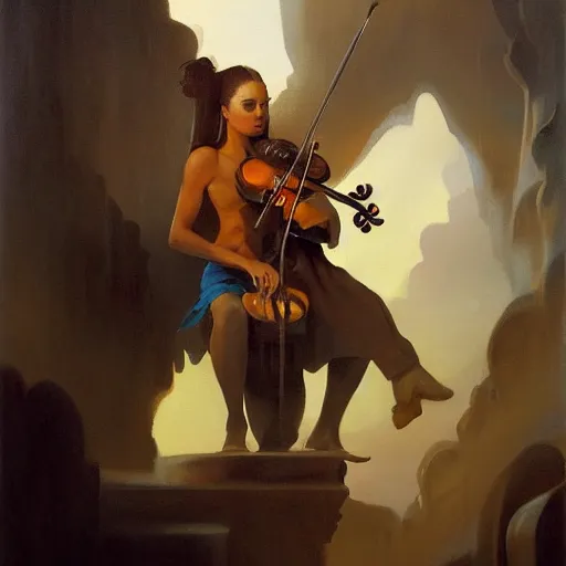 Image similar to bold simple baroque oil painting of violin interior, by peter mohrbacher, by frank frazetta, by alan lee, john howe, da vinci, large depth of field, super detailed, digital art, trending on artstation, ornate