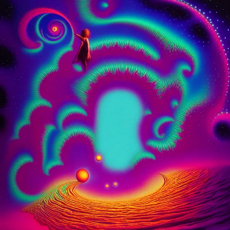 Prompt: cosmic girl, 2 0 yo, medium close - up, infinite fractal waves, synthwave, bright neon colors, highly detailed, cinematic, panoramic, tim white, michael whelan, roger dean, bob eggleton, philippe druillet, vladimir kush, kubrick, alfred kelsner, isono