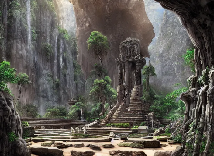 Image similar to An amazing interior of the temple of the gods of nature, intricate details, vast open interior, amazing and tall waterfalls, dramatic lighting, digital art, trending on Artstation, dark, hyper-realistic, detailed