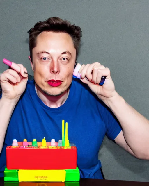 Image similar to a man eating crayons with a fork, box of wax pastels, elon musk, 4 k, high quality, crayons served on a plate