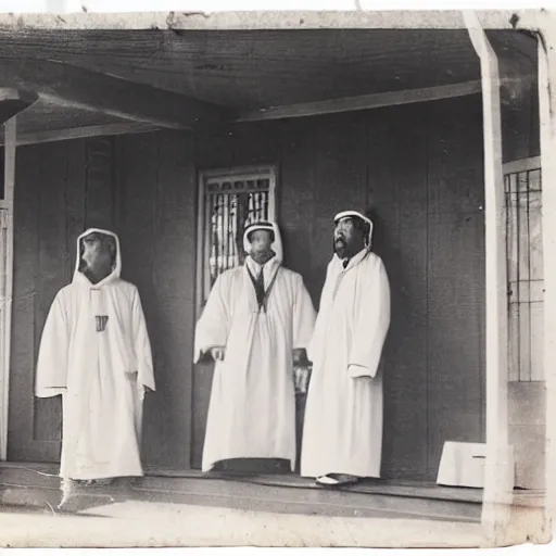 Image similar to worshippers dressed in robes belonging to the cult of porch. A porch. 1800s photo.