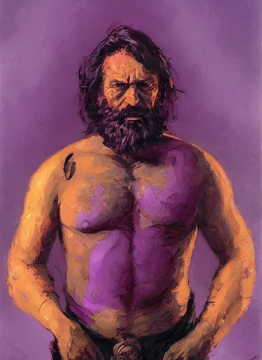 Prompt: portrait of grizzled sailor on sea of purple flame, coherent! by brom, deep color, strong line, high contrast