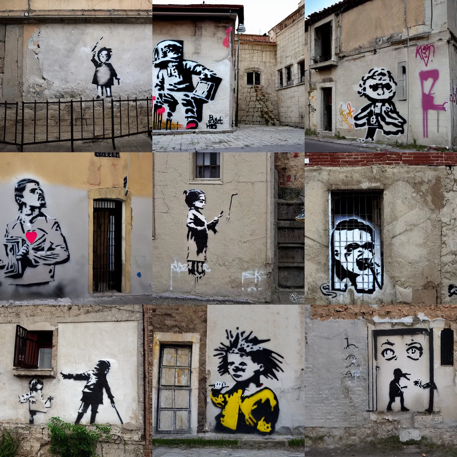 Prompt: banksy croatia graffiti in brick building protest