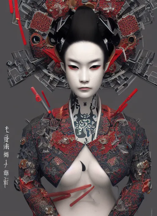 Image similar to portrait of a seductive cyberpunk geisha yakuza, imari, modern fine art, fractal, in the style of ex - machina, intricate ornaments, elegant, highly detailed, digital photography, subsurface scattering, by mc escher and greg rutkowski,
