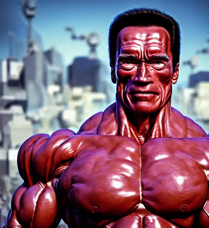 Image similar to realistic aesthetic highly detailed photography of arnold schwarzenegger in akira scene, characters with hyperrealistic highly detailed faces. from akira by katsuhiro otomo and alejandro hodorovski and denis villeneuve and gregory crewdson style with many details by mike winkelmann and vincent di fate in sci - fi style. volumetric natural light hyperrealism photo on dsmc 3 system