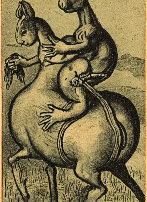 Image similar to a trading card from the 1 6 0 0 s with a horse born with the head of a rabbit and the body of a rabbit