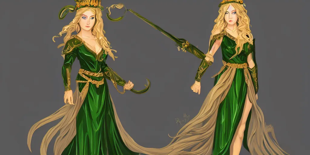 Prompt: A female godess made of stone with emerald green eyes, long blonde haired, royal dress, trending on artstation, arcane, digital media, 8k, contrasting colours