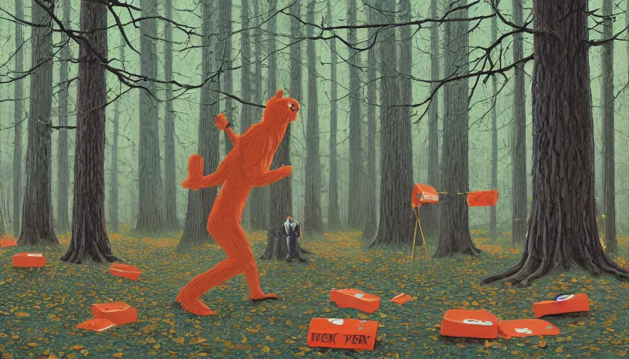 Prompt: safety cones scattered around an oak tree forest, man in bigfoot costume in the distance dancing, by james jean by ilya kuvshinov kintsugi, hyper detailed surrealist painting